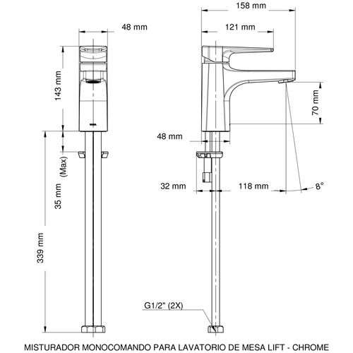 Misturador Monocomando para Lavatório Docol Lift de Mesa com Bica Baixa Cromado 1/2"