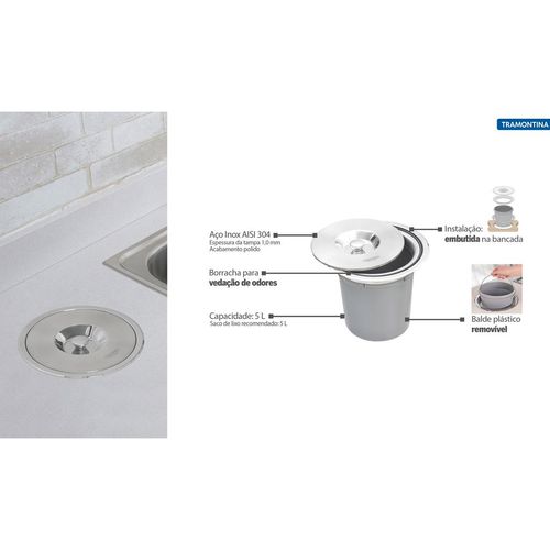 Lixeira de Embutir Tramontina Clean Round em Aço Inox com Balde Plástico 5 Litros