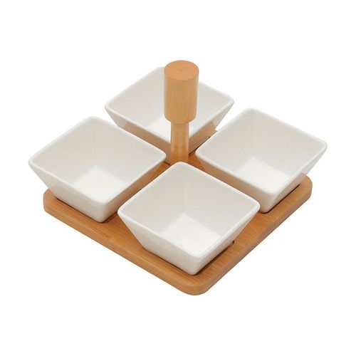 Petisqueira de Porcelana 5 Peças 15x15x11,6cm Quadrada com Suporte de Bamboo Bon Gourmet