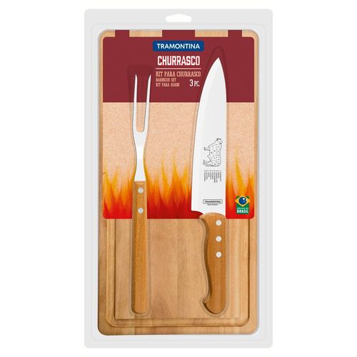 Kit para Churrasco Tramontina com Lâminas em Aço Inox e Cabos de Madeira Natural com 3 Peças