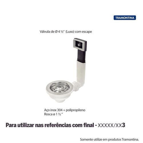Válvula Tramontina Luxo 4 1/2" com Escape em Aço Inox Polido e Polipropileno para Pias e Cubas