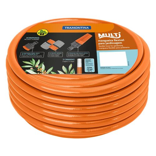 Mangueira Multi 1/2" Tramontina Laranja em PVC 3 Camadas com Engates Rápidos e Esguicho 15 Metros