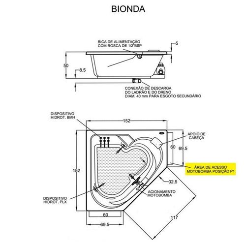 Banheira Jacuzzi Bionda G4 sem Aquecedor 9 jatos em Acrílico 152x152x50cm