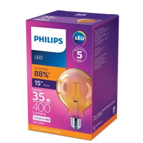Lâmpada Globo de Led Filamento Philips 4W Amarela