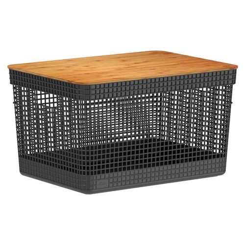 Cesto Grid com Tampa de Bambu Preto 20 Litros