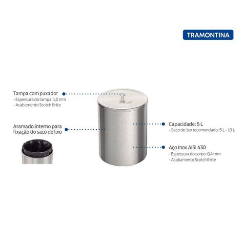 Lixeira Inox Tramontina Acabamento Scotch Brite 5L