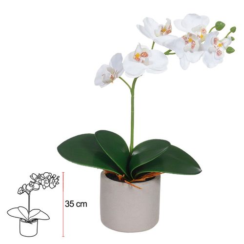 Haste Orquídea Flor Arte Real Toque com Vaso de Cimento Branca Amarelo 35cm