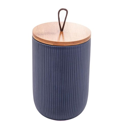 Potiche Decorativo de Cerâmica Lyor Tampa de Bambu e Pegador de Corda Lines Azul Marinho 10x10x15cm