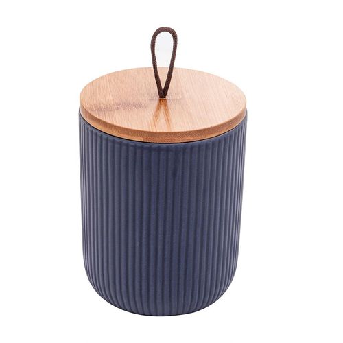 Potiche Decorativo de Cerâmica Lyor Tampa de Bambu e Pegador de Corda Lines Azul Marinho 10x10x12,5cm