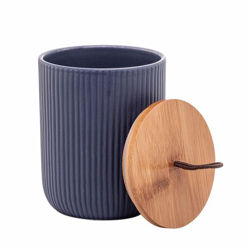 Potiche Decorativo de Cerâmica Lyor Tampa de Bambu e Pegador de Corda Lines Azul Marinho 10x10x12,5cm